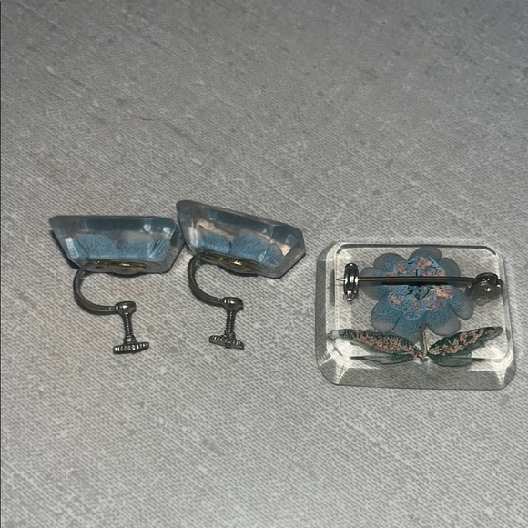 Vintage Blue Floral Lucite Screw Back Earrings and Brooch Set - Picture 3 of 5